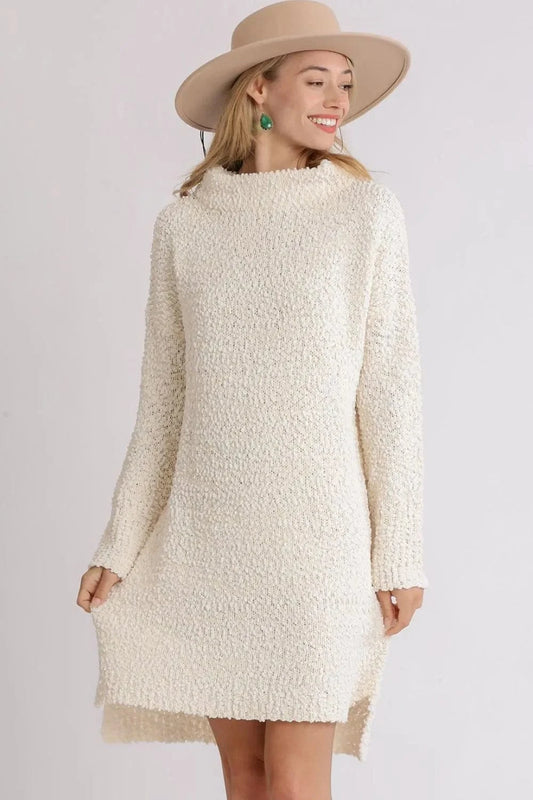 Boucle Knit Sweater Dress with High-Low Hem Dresses Cream / S The Nichole Collection