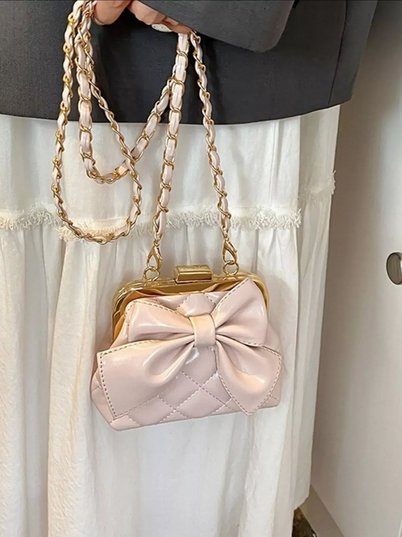 Bow Decor Quilted Crossbody Bag Pink / One Size The Nichole Collection