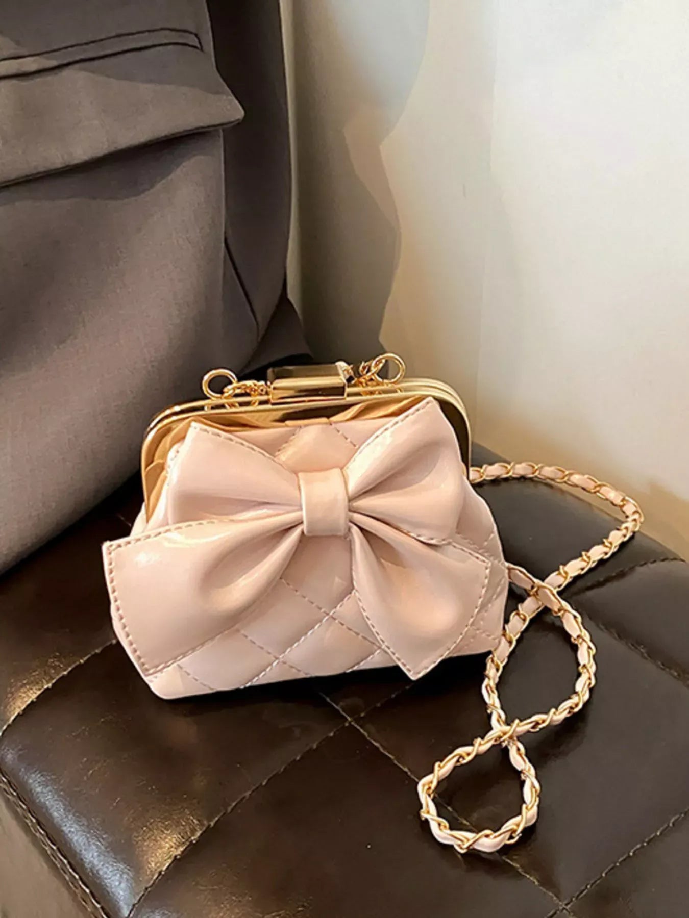 Bow Decor Quilted Crossbody Bag Pink / One Size The Nichole Collection