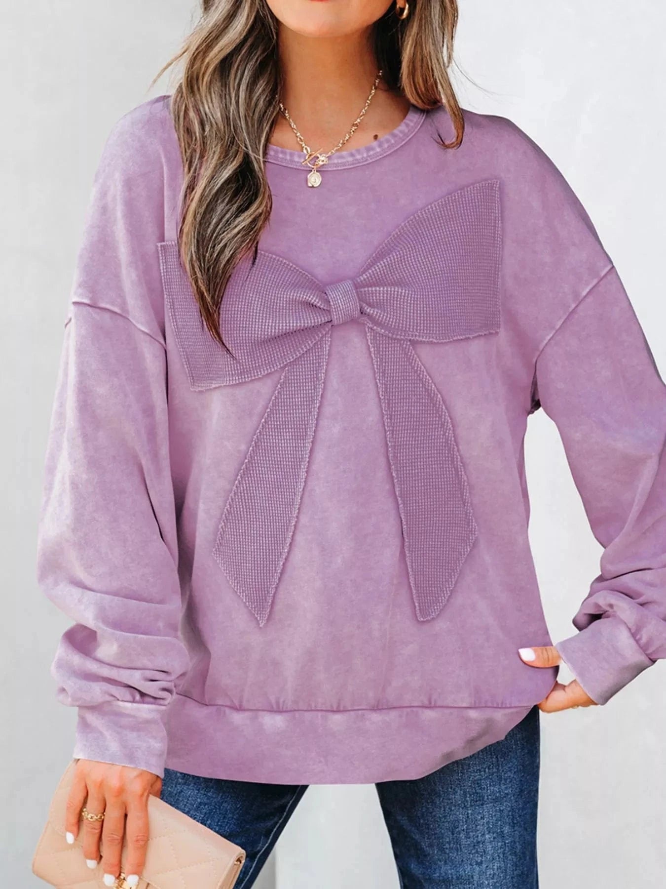 Bow Detail Mineral Wash Sweatshirt Sweatshirt Lilac / S The Nichole Collection