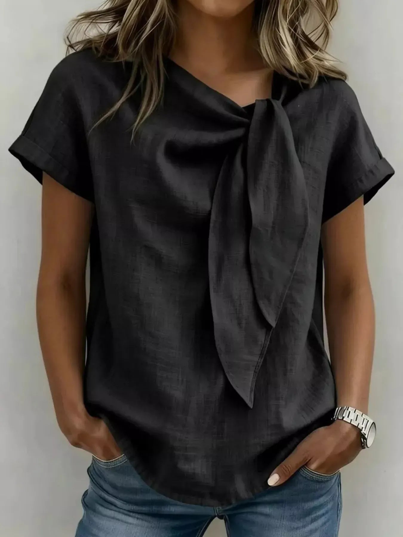 Bow Tie Neck Short Sleeve Blouse Black / S The Nichole Collection - Official Site