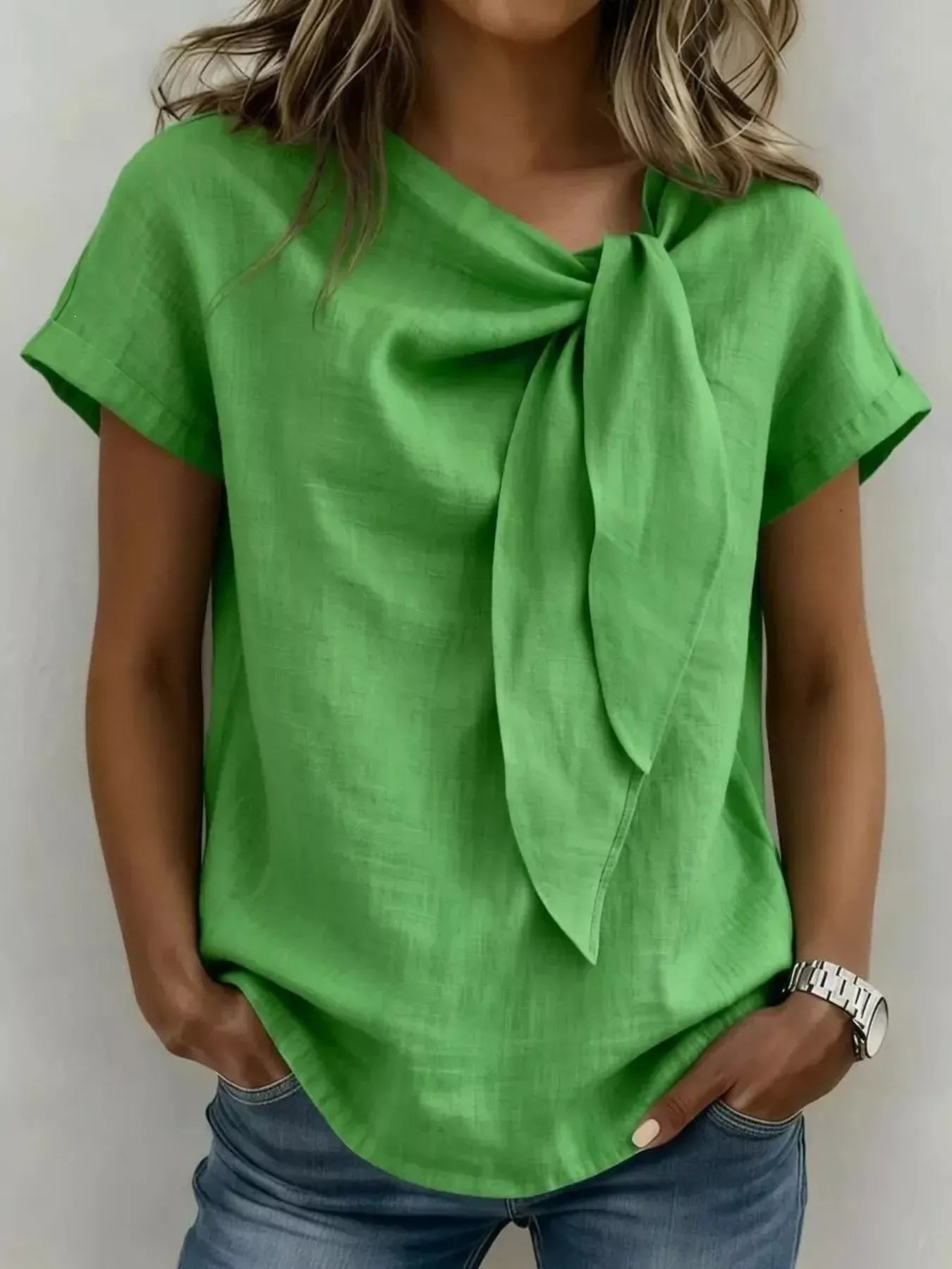 Bow Tie Neck Short Sleeve Blouse Green / S The Nichole Collection - Official Site