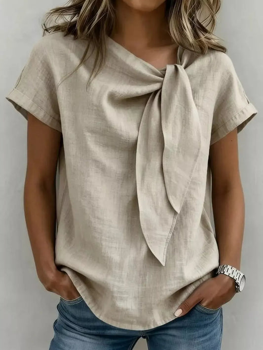 Bow Tie Neck Short Sleeve Blouse Khaki / S The Nichole Collection - Official Site