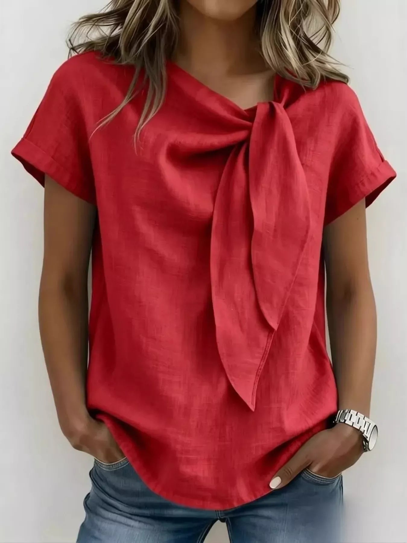 Bow Tie Neck Short Sleeve Blouse Red / S The Nichole Collection - Official Site
