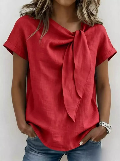 Bow Tie Neck Short Sleeve Blouse Red / S The Nichole Collection - Official Site