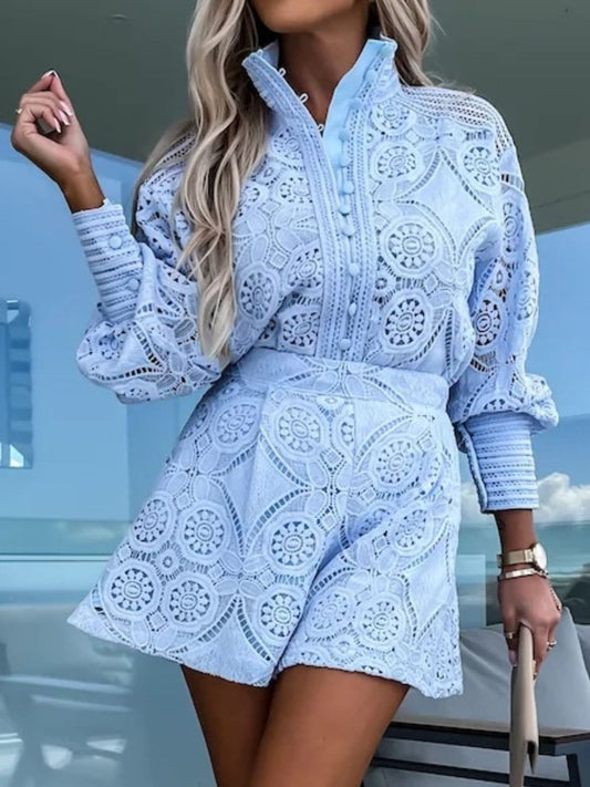 Button Detail Lace Lantern Sleeve Top and Shorts Set The Nichole Collection