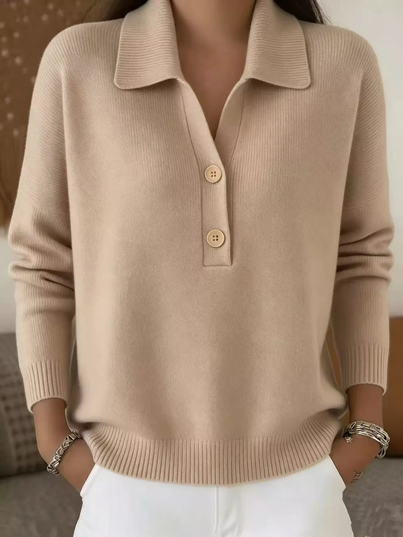 Button Detail Long Sleeve Sweater Plus Size Orange-red / S The Nichole Collection
