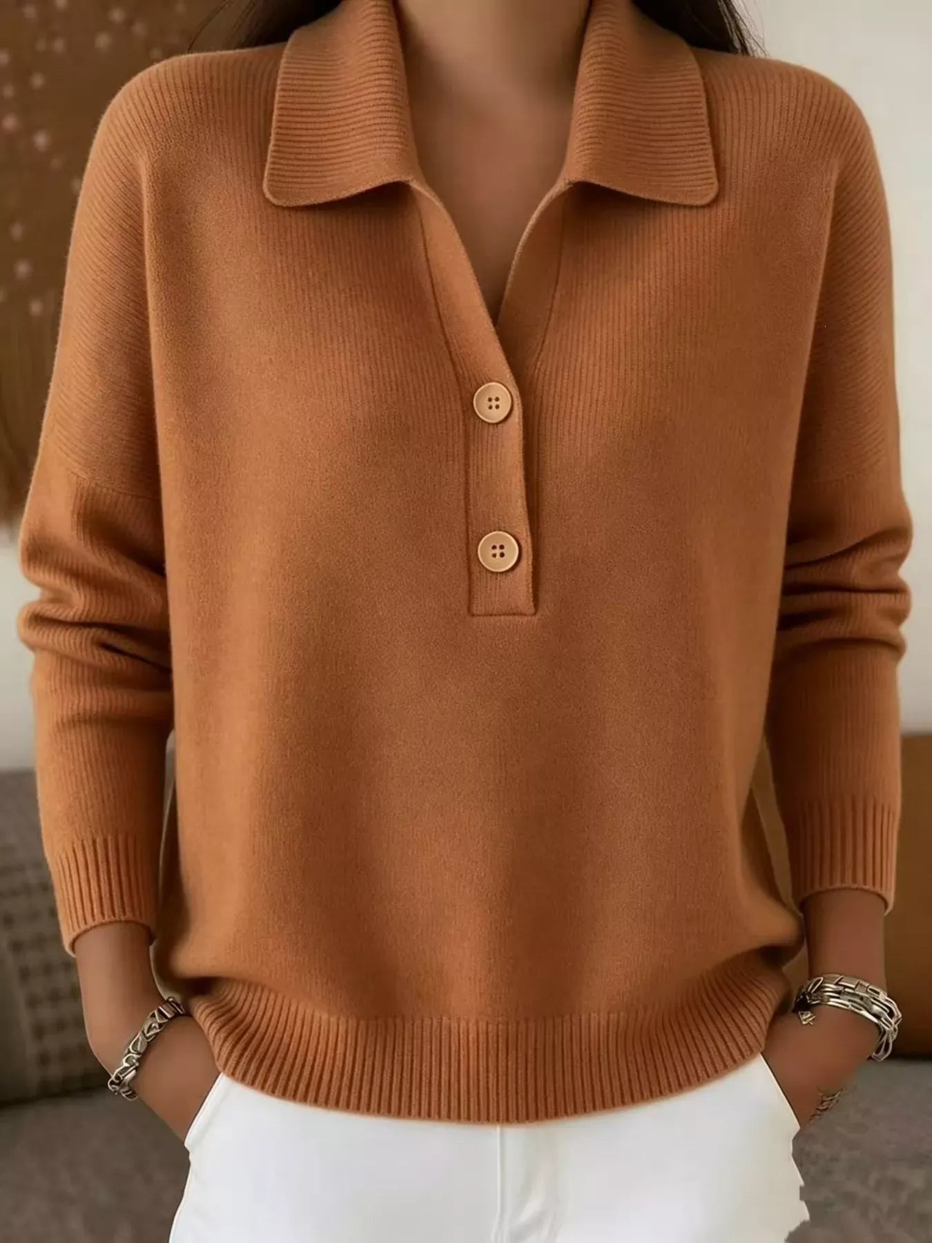 Button Detail Long Sleeve Sweater Plus Size Brown / S The Nichole Collection