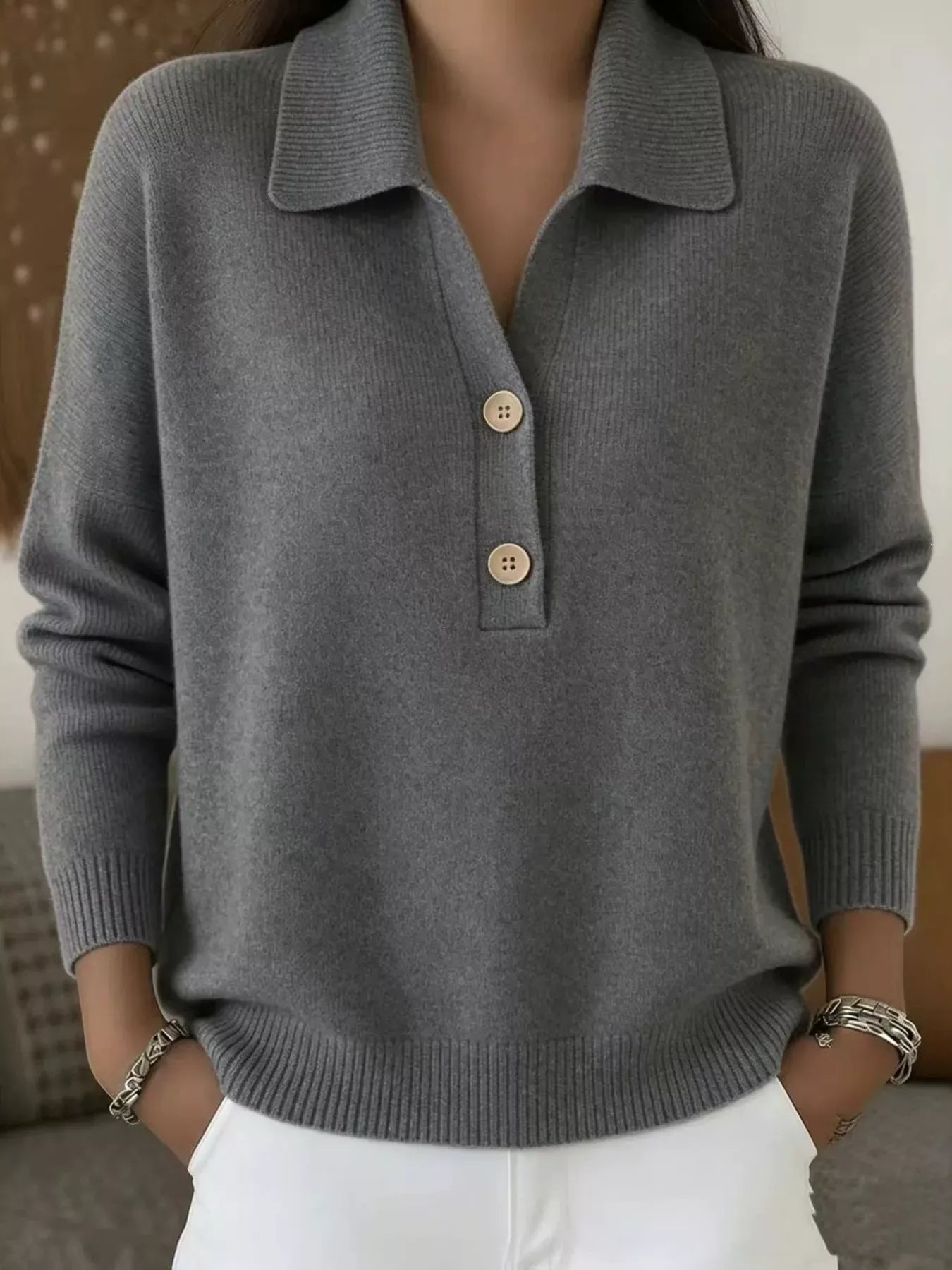 Button Detail Long Sleeve Sweater Plus Size Gray / S The Nichole Collection