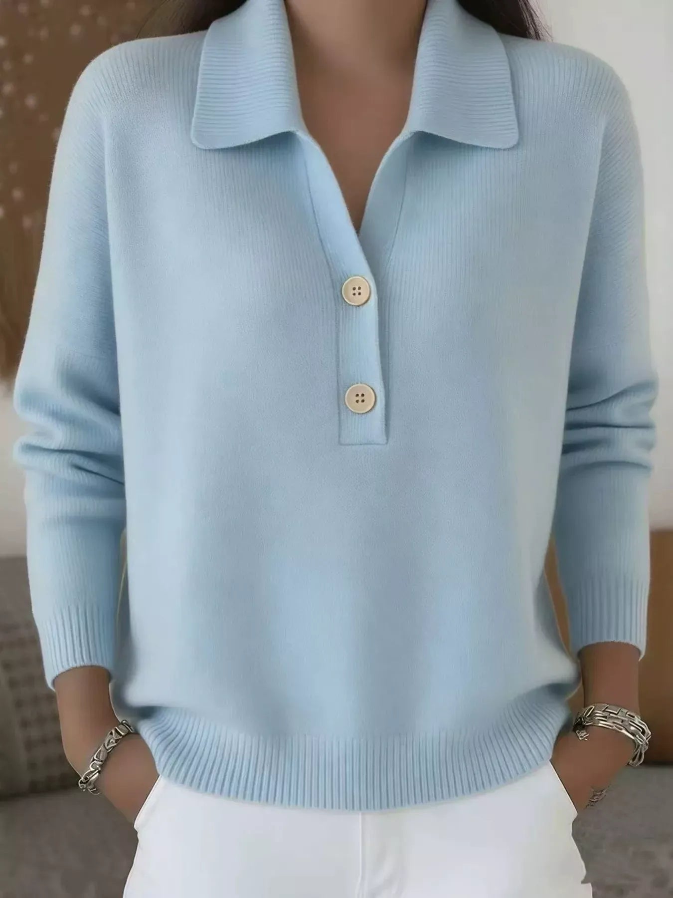 Button Detail Long Sleeve Sweater Plus Size Light Blue / S The Nichole Collection