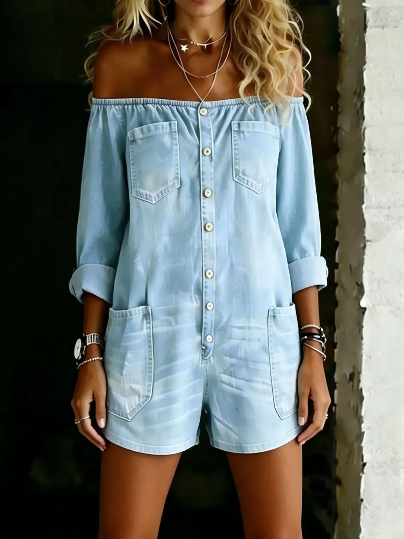 Button-Down Front Off Shoulder Romper The Nichole Collection - Official Site
