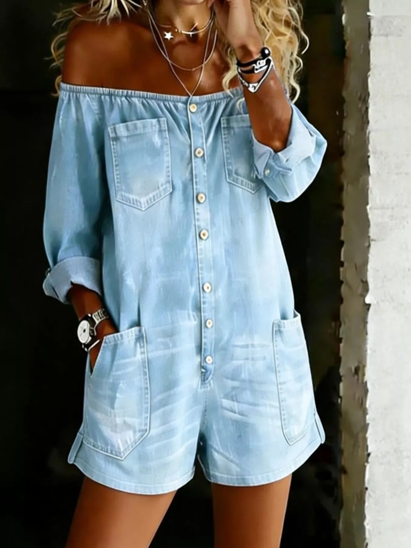 Button-Down Front Off Shoulder Romper The Nichole Collection - Official Site