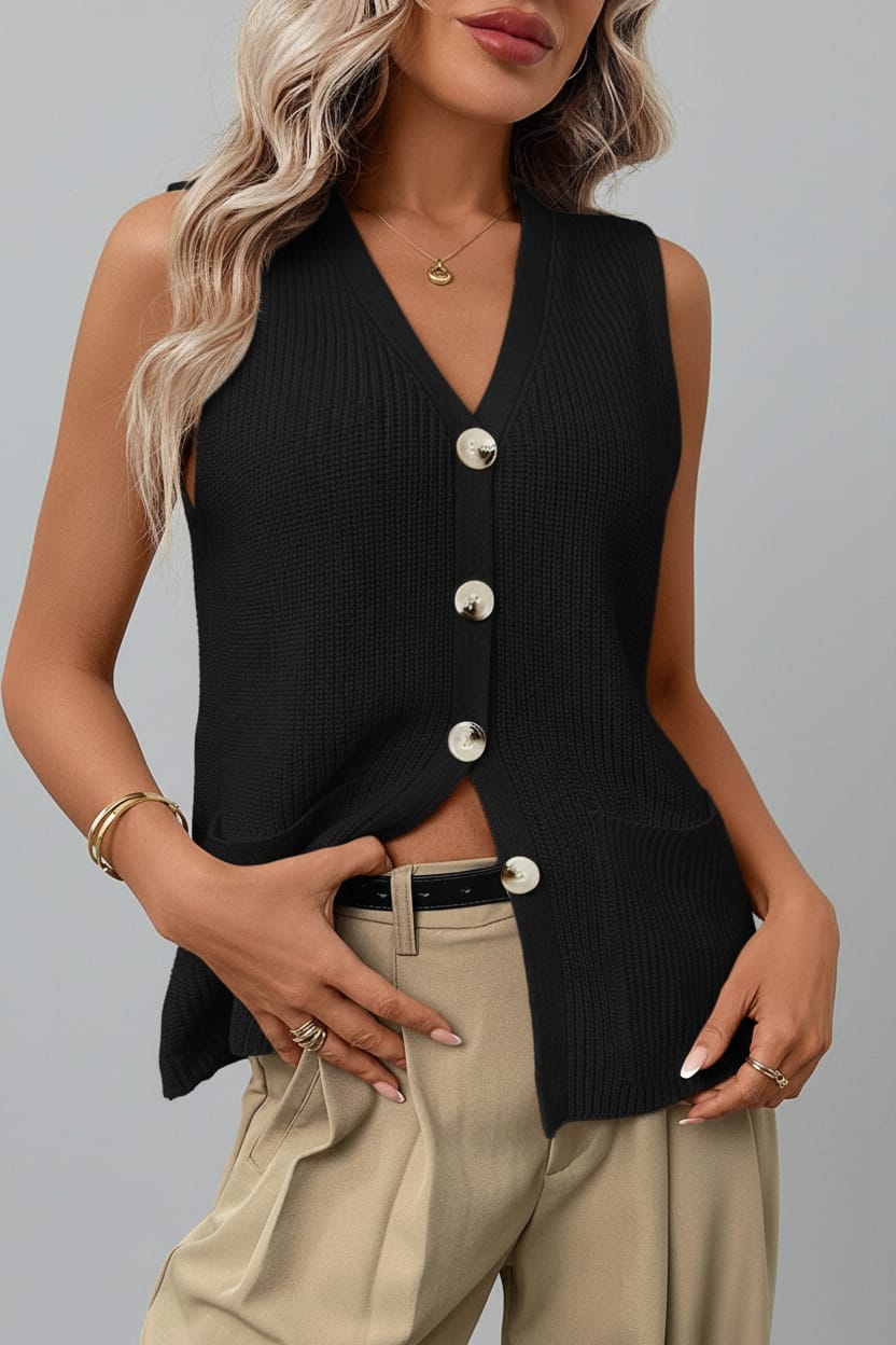 Button-Down Knit Sweater Vest Black / S The Nichole Collection - Official Site
