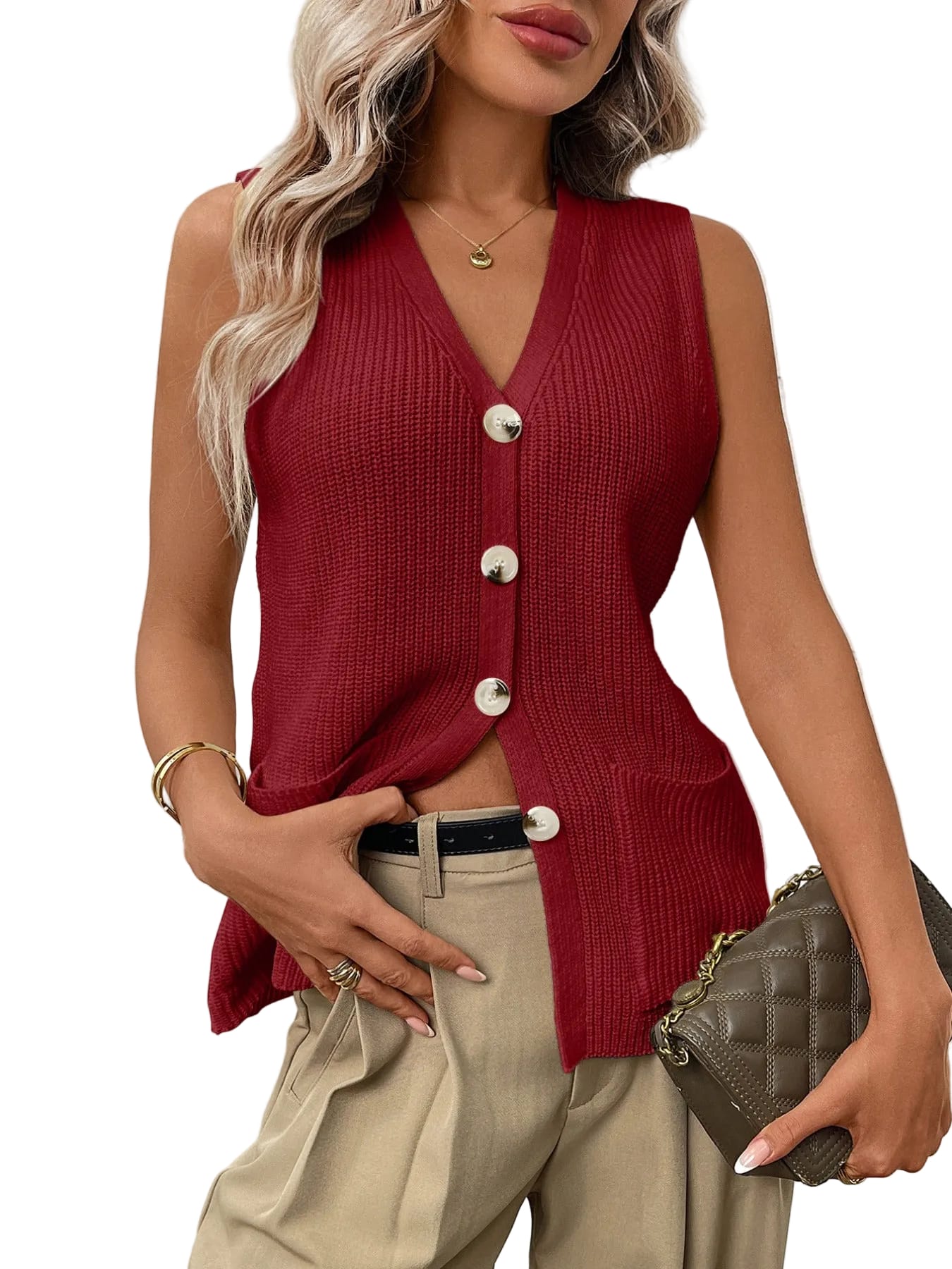 Button-Down Knit Sweater Vest Burgundy / S The Nichole Collection - Official Site
