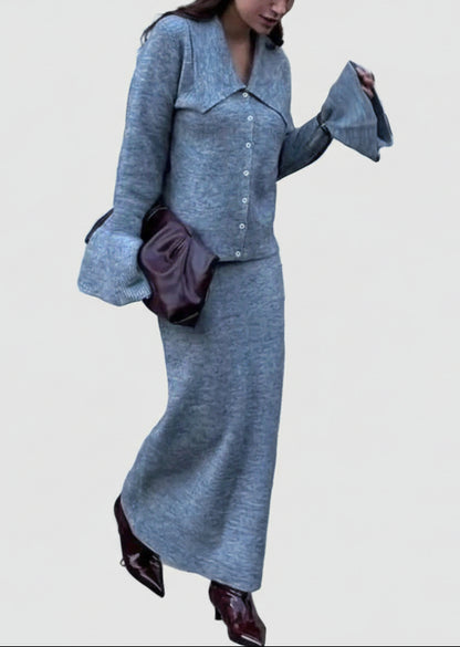 Button Down Long Sleeve Cardigan and Skirt Knit Set Grey / One Size The Nichole Collection - Official Site