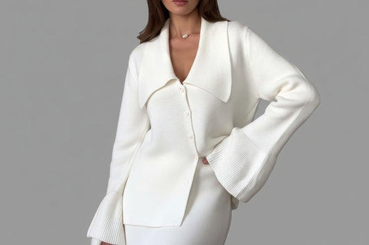 Button Down Long Sleeve Cardigan and Skirt Knit Set Milky White / One Size The Nichole Collection - Official Site