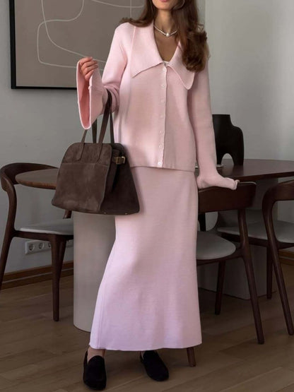 Button Down Long Sleeve Cardigan and Skirt Knit Set Pink / One Size The Nichole Collection - Official Site