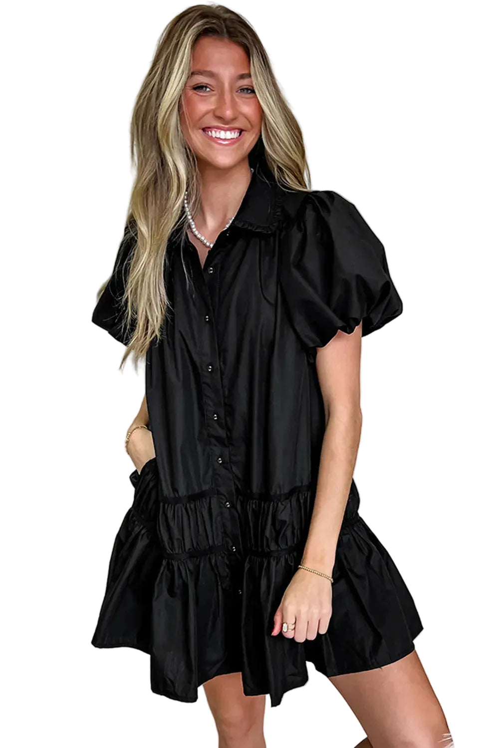 Button Down Puff Sleeve Ruffle Hem Dress The Nichole Collection