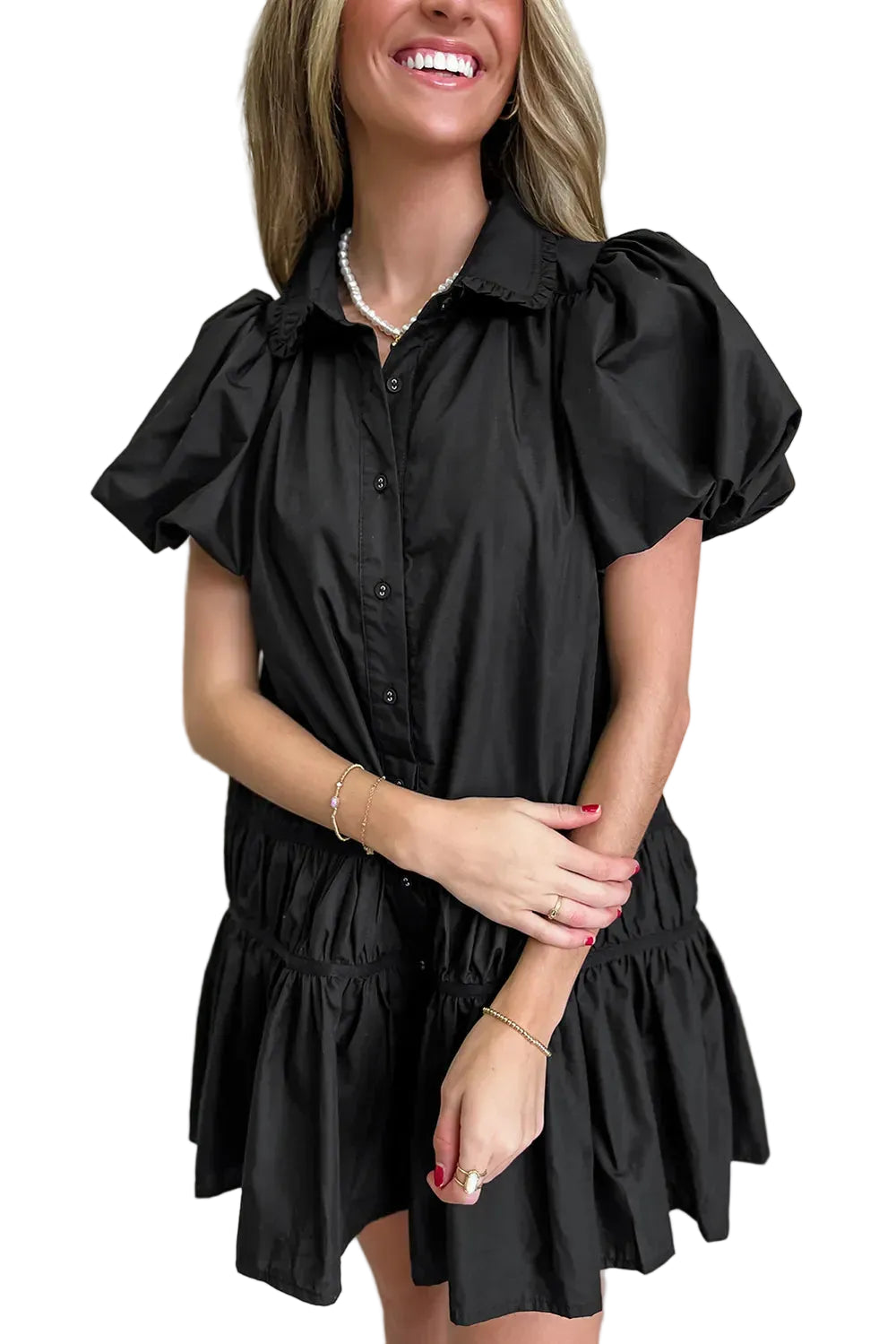 Button Down Puff Sleeve Ruffle Hem Dress The Nichole Collection