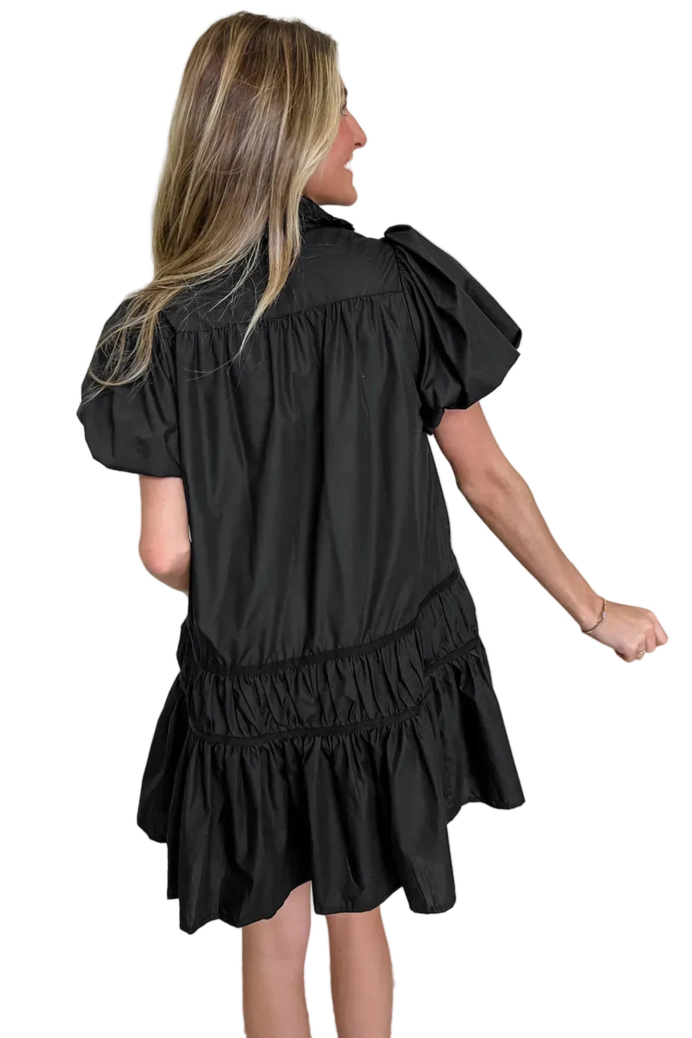 Button Down Puff Sleeve Ruffle Hem Dress The Nichole Collection