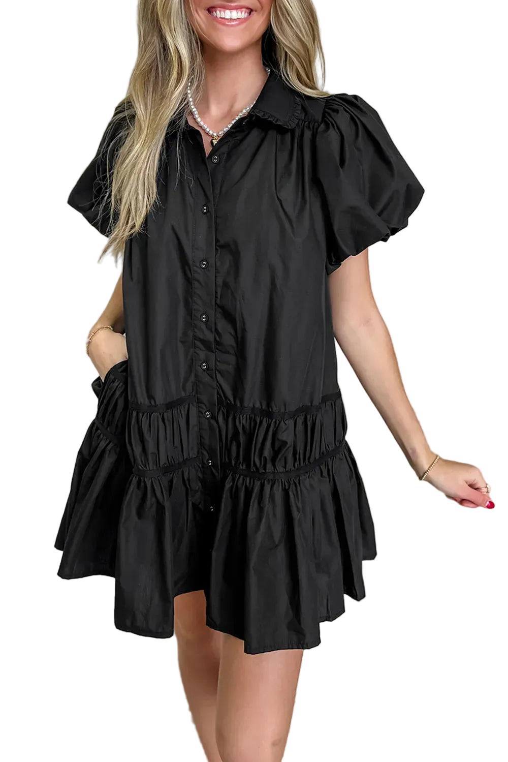 Button Down Puff Sleeve Ruffle Hem Dress The Nichole Collection