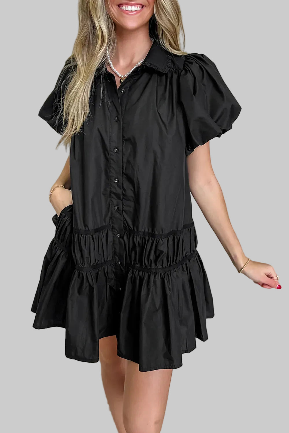 Button Down Puff Sleeve Ruffle Hem Dress Black / S The Nichole Collection