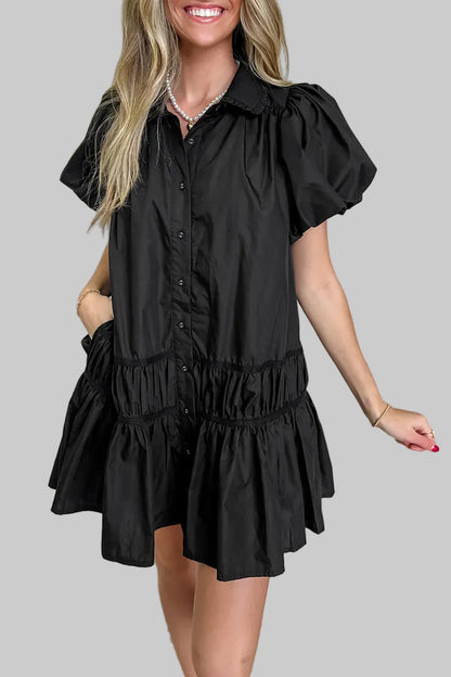 Button Down Puff Sleeve Ruffle Hem Dress Black / S The Nichole Collection
