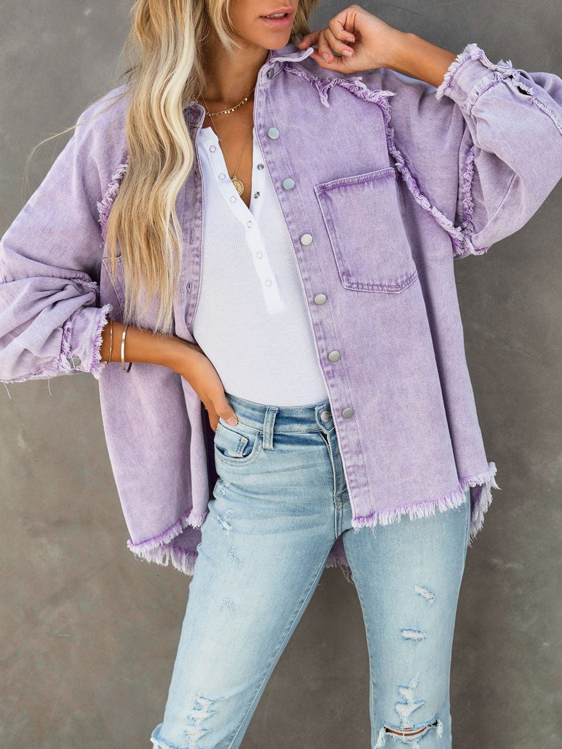 Button Down Raw Hem Denim Jacket The Nichole Collection