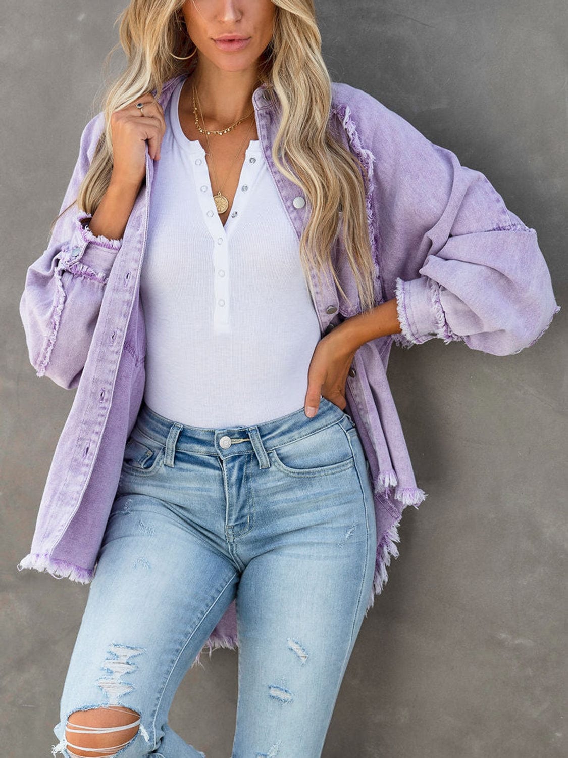 Button Down Raw Hem Denim Jacket Lavender / S The Nichole Collection