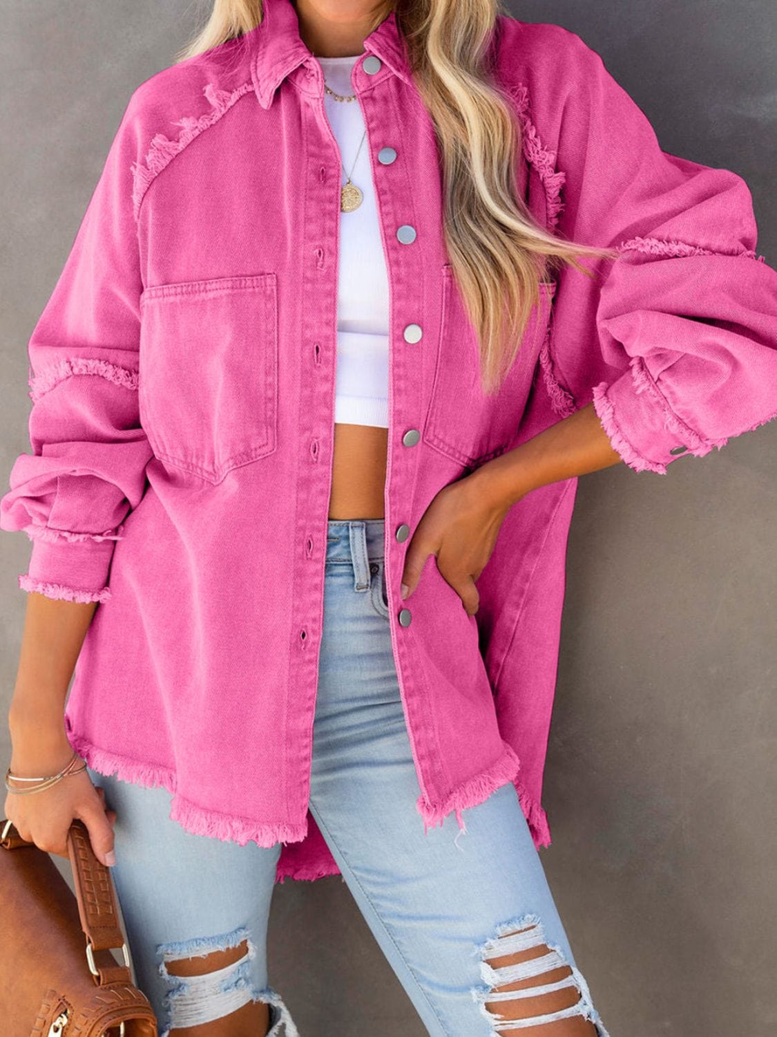 Button Down Raw Hem Denim Jacket The Nichole Collection