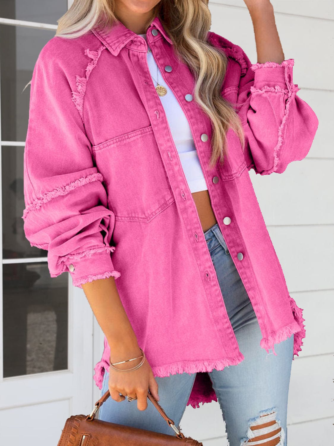 Button Down Raw Hem Denim Jacket Pink / S The Nichole Collection
