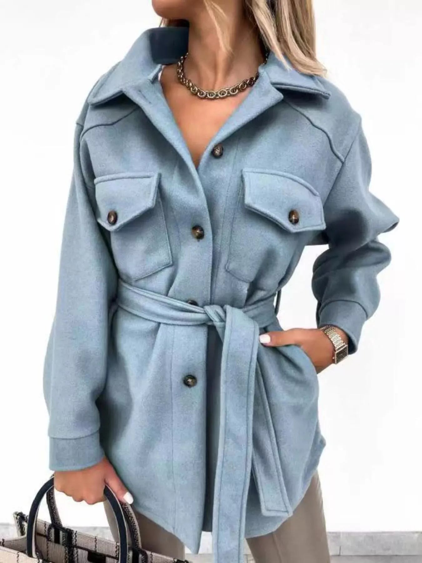 Button-Down Tie Waist Coat Haze Blue / S The Nichole Collection