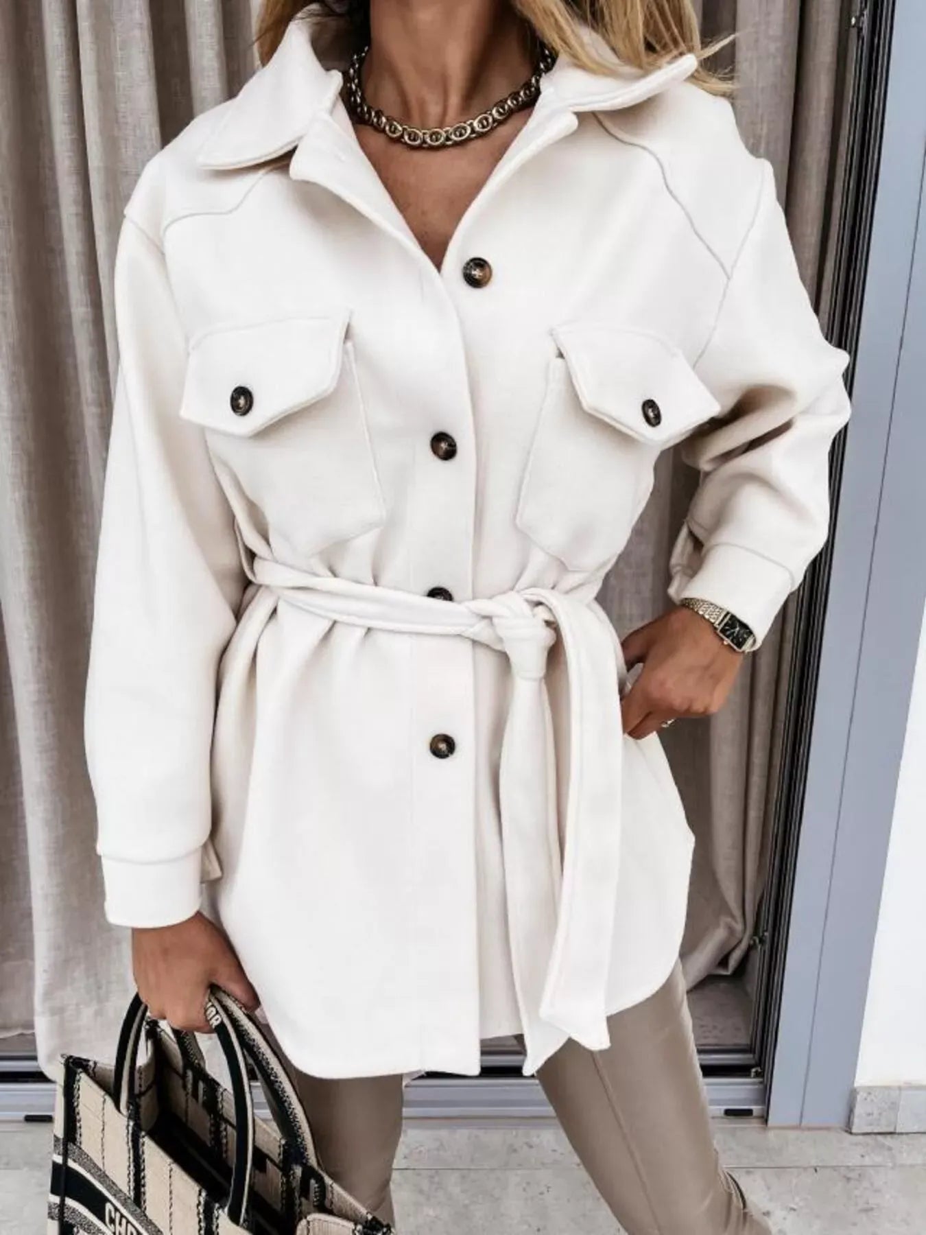 Button-Down Tie Waist Coat The Nichole Collection