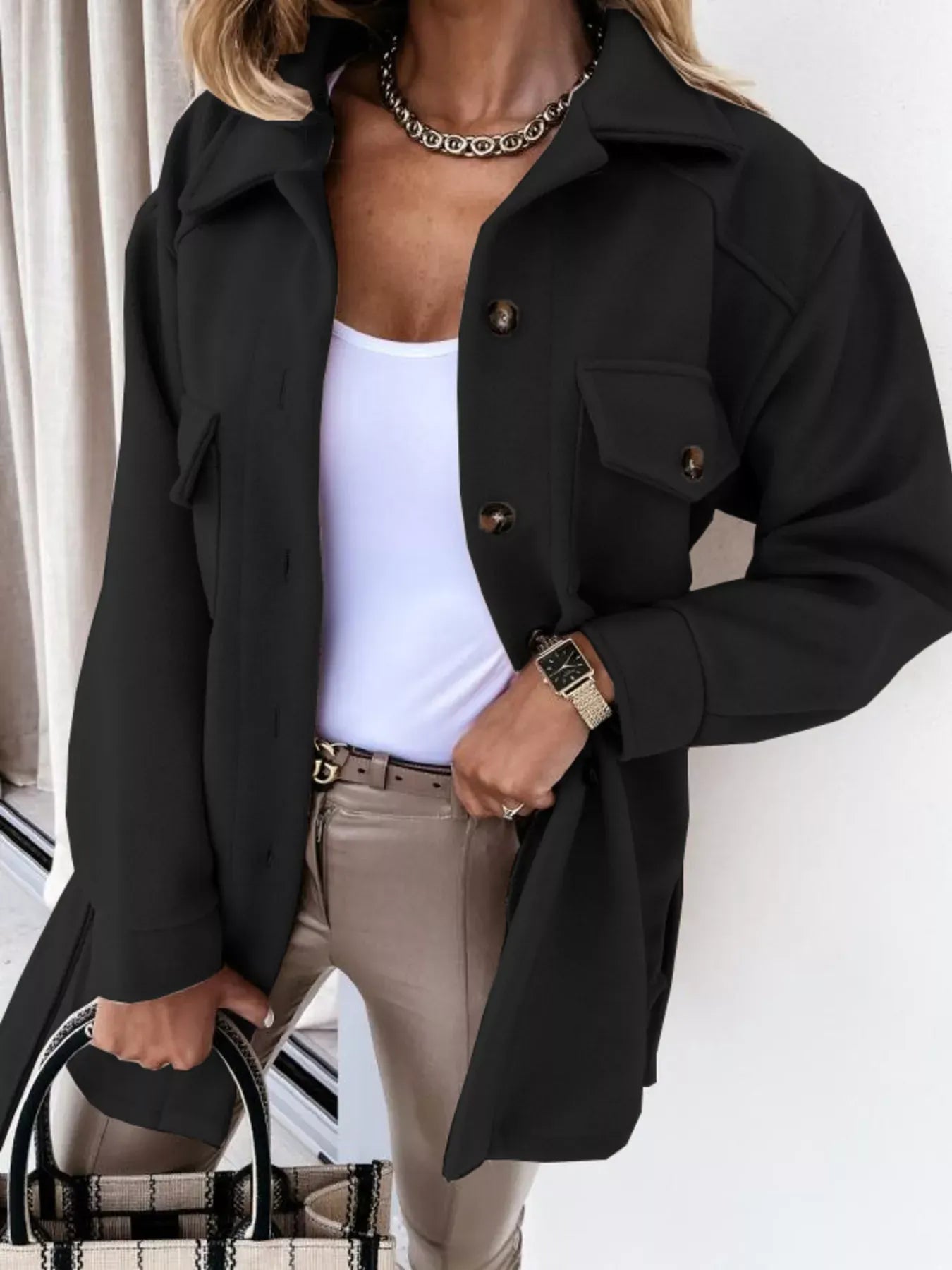 Button-Down Tie Waist Coat Black / S The Nichole Collection