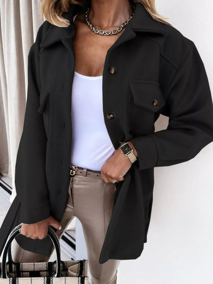 Button-Down Tie Waist Coat Black / S The Nichole Collection