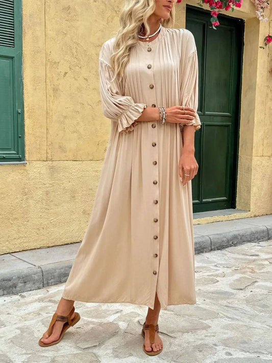 Button Front Flounce Sleeve Maxi Dress Tan / S The Nichole Collection