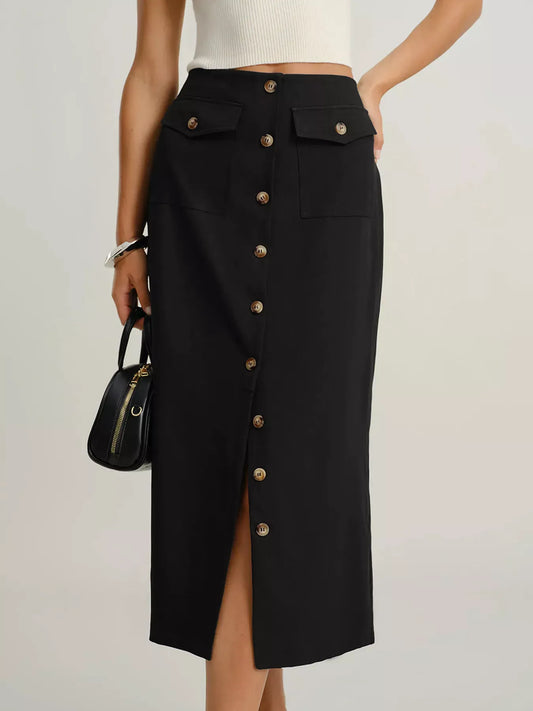 Button-Front Midi Skirt with Pockets Black / S The Nichole Collection