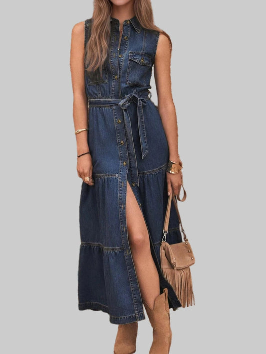 Button Front Sleeveless Denim Dress Dresses Dark Blue / S The Nichole Collection