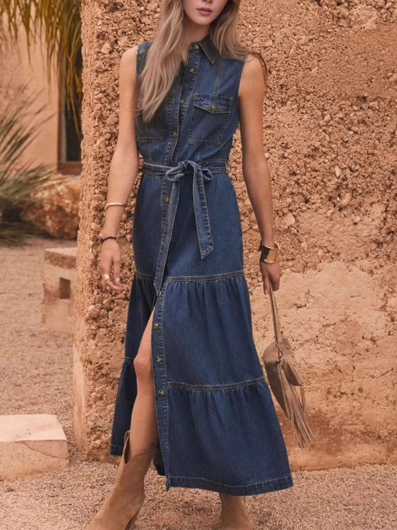 Button Front Sleeveless Denim Dress Dresses The Nichole Collection