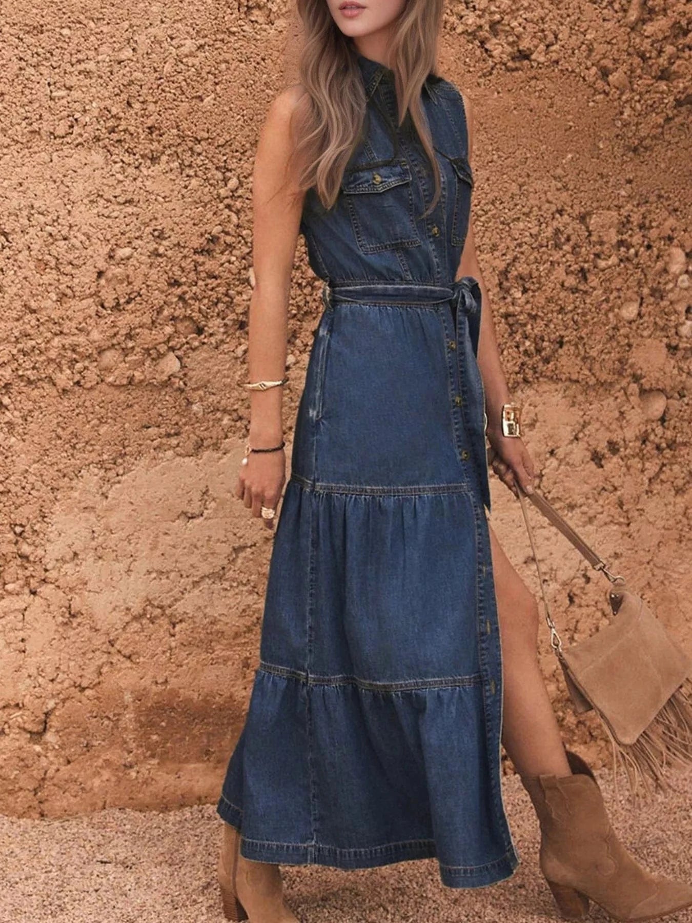 Button Front Sleeveless Denim Dress Dresses The Nichole Collection