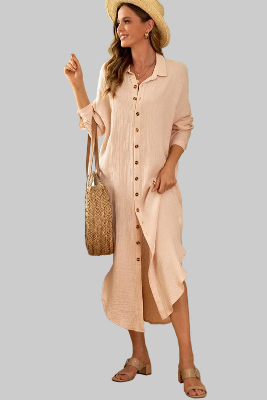 Button Front Textured Slit Shirt Dress Dresses Apricot / M The Nichole Collection