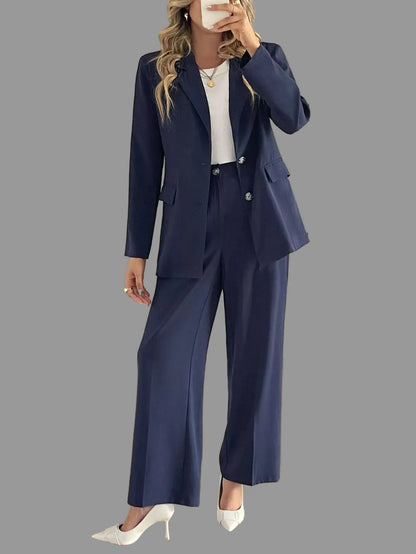 Button Up Blazer & Wide Leg Pants Set Women's Sets Navy / S The Nichole Collection