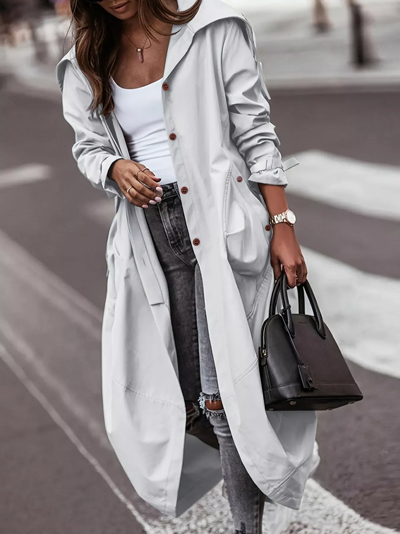 Button Up Hooded Longline Trench Coat The Nichole Collection