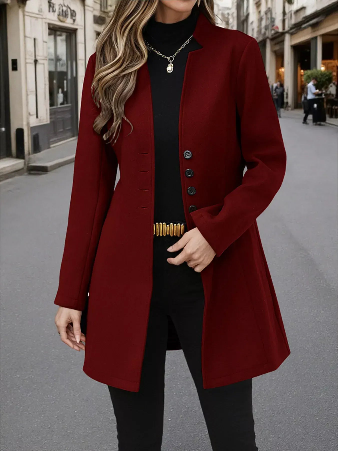 Button Up Long Sleeve Coat Burgundy / S The Nichole Collection
