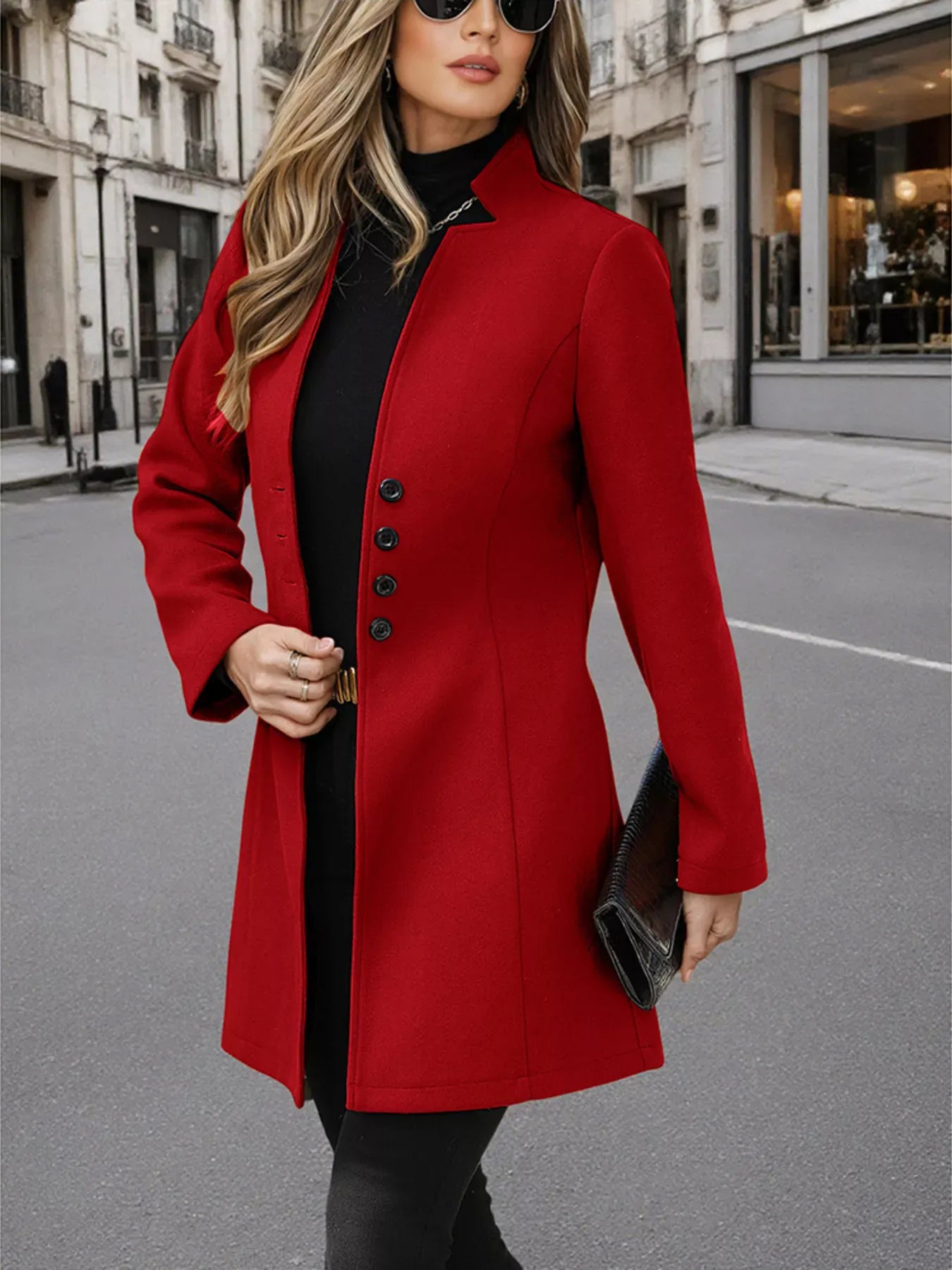 Button Up Long Sleeve Coat Red / S The Nichole Collection