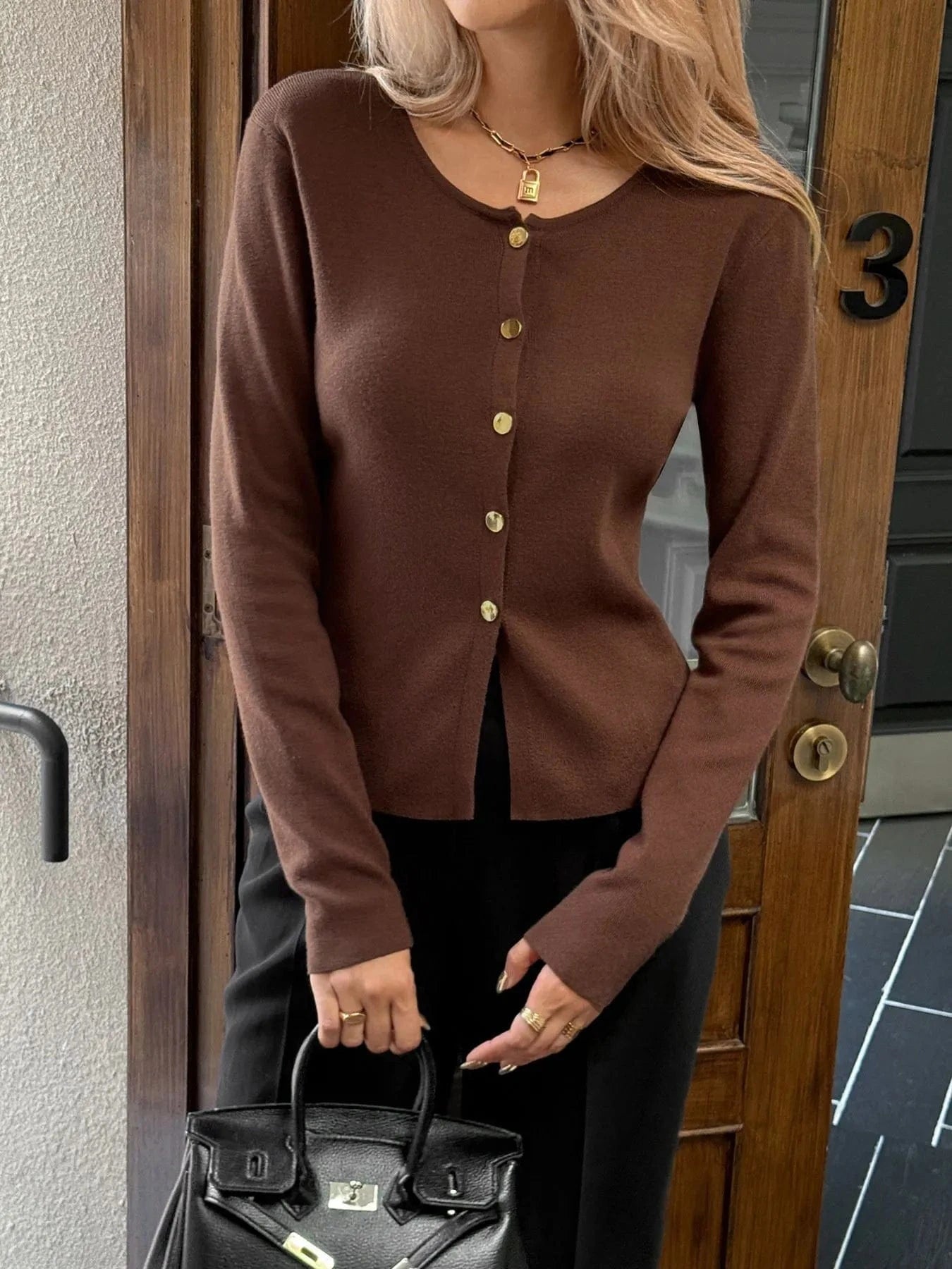 Button-Up Long Sleeve Knit Cardigan Cardigan Brown / S The Nichole Collection