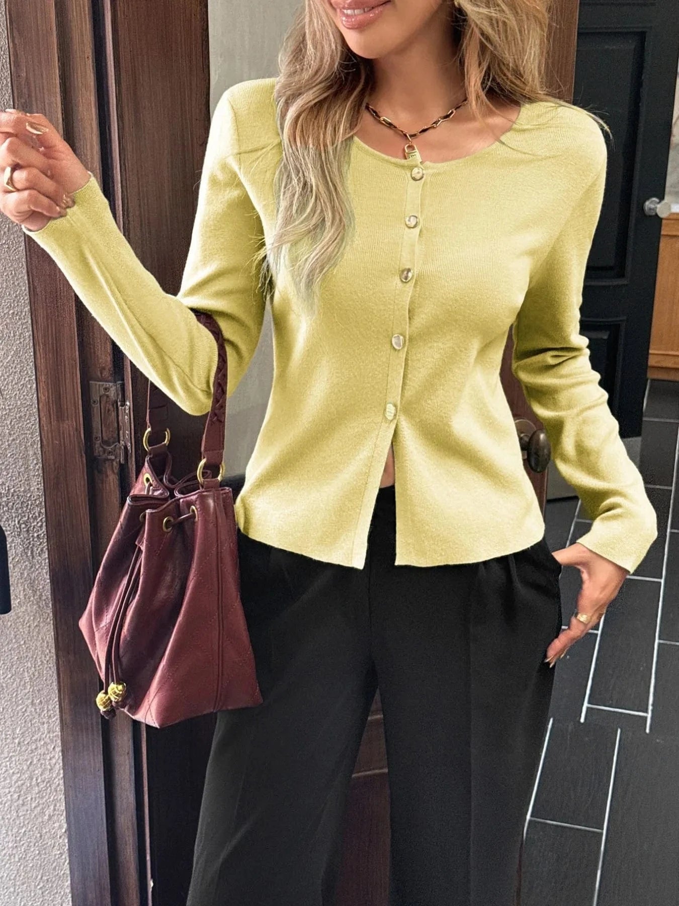 Button-Up Long Sleeve Knit Cardigan Cardigan The Nichole Collection
