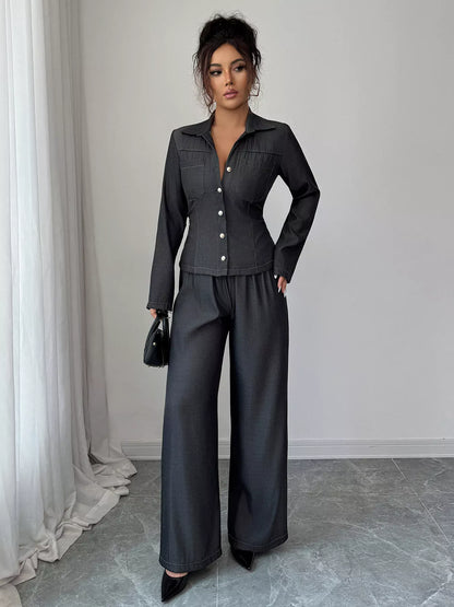 Button-Up Shirt & Wide Leg Pants Set Women's Sets The Nichole Collection