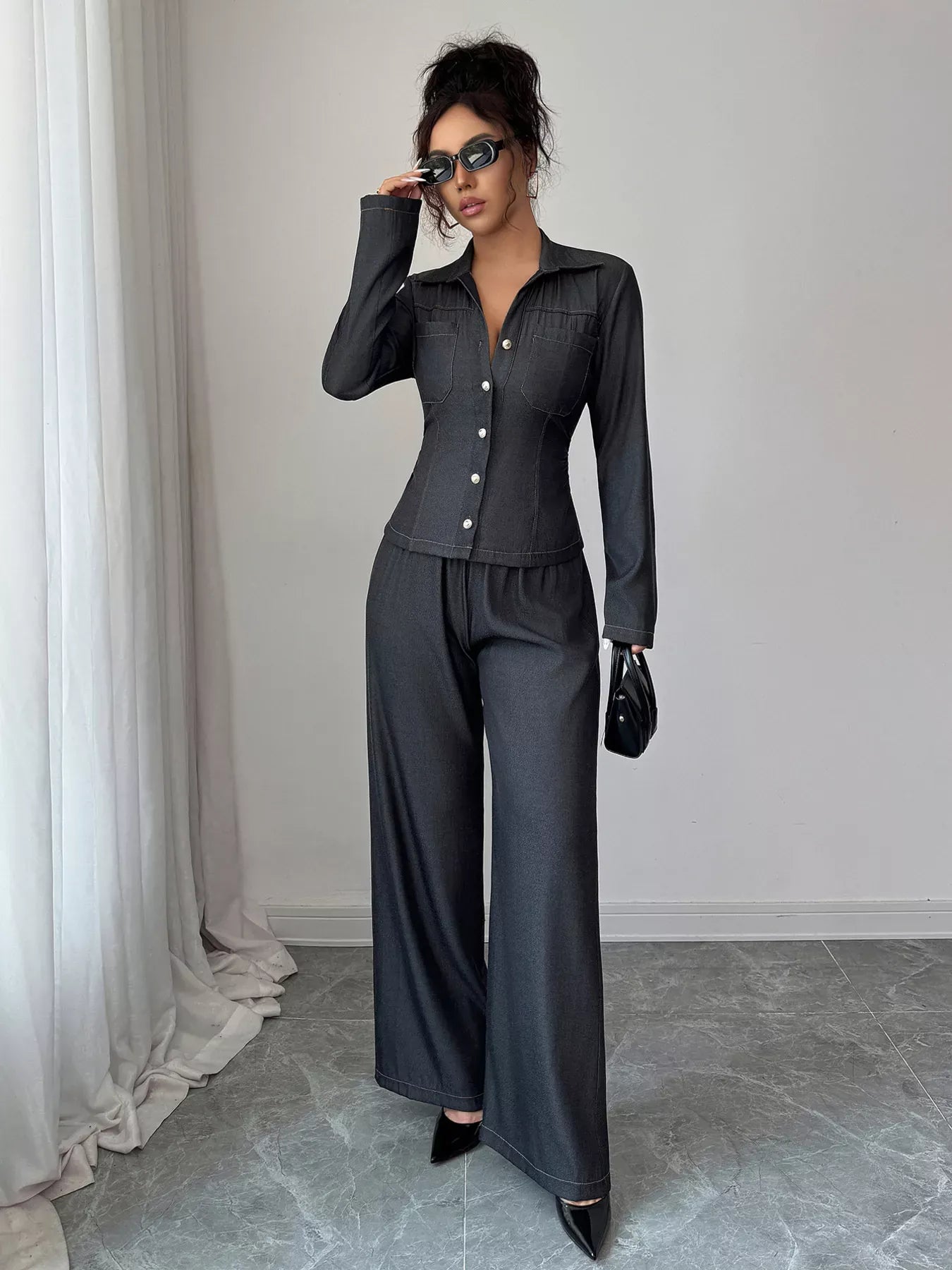 Button-Up Shirt & Wide Leg Pants Set Women's Sets The Nichole Collection