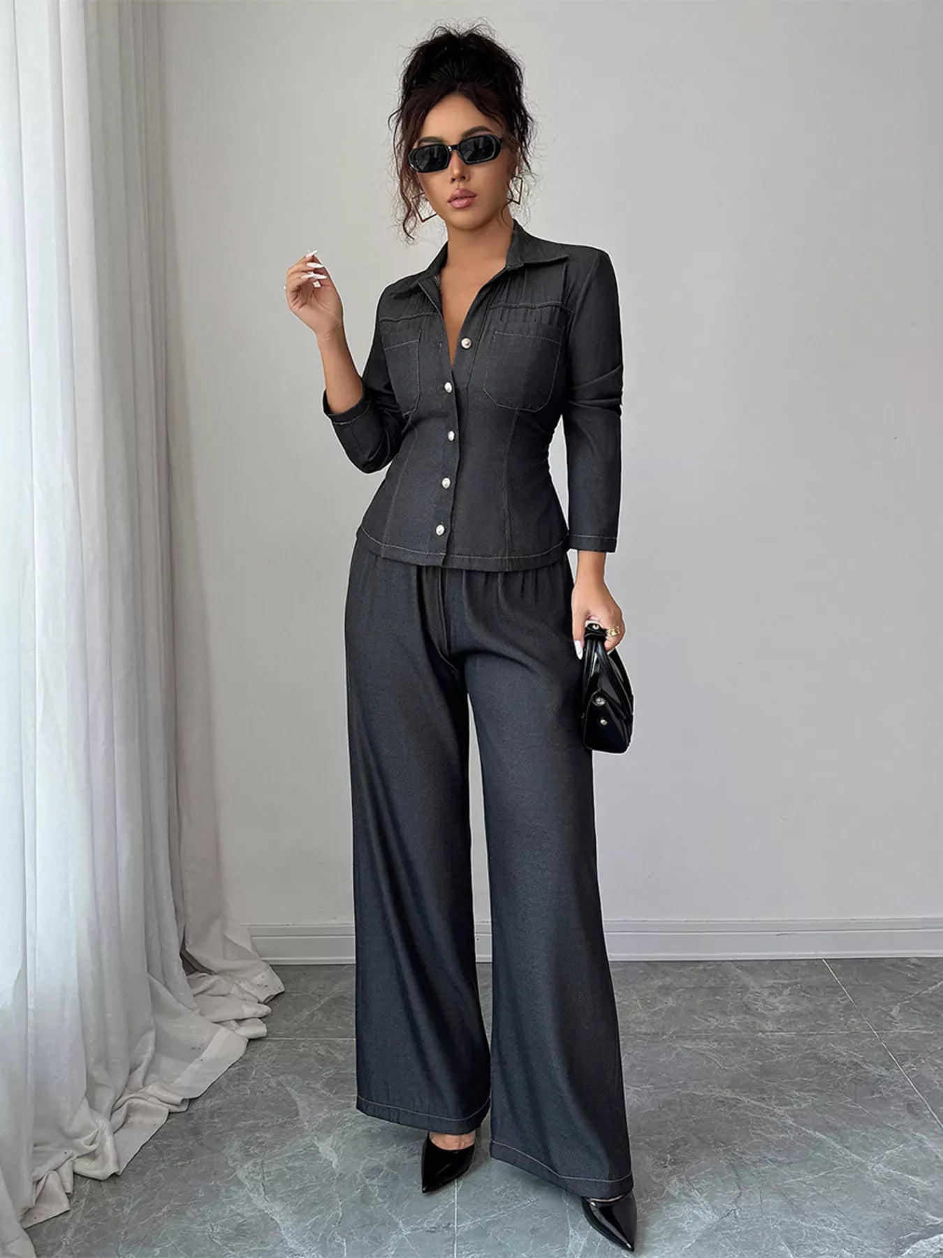 Button-Up Shirt & Wide Leg Pants Set Women's Sets Gray / S The Nichole Collection
